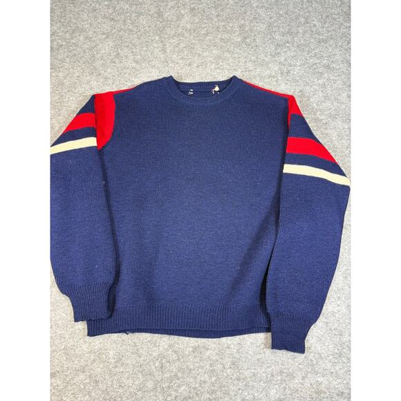 VINTAGE 70s Sweater Mens Medium Blue Striped Pullover Cozy Knit Retro Sportswear - Picture 1 of 5